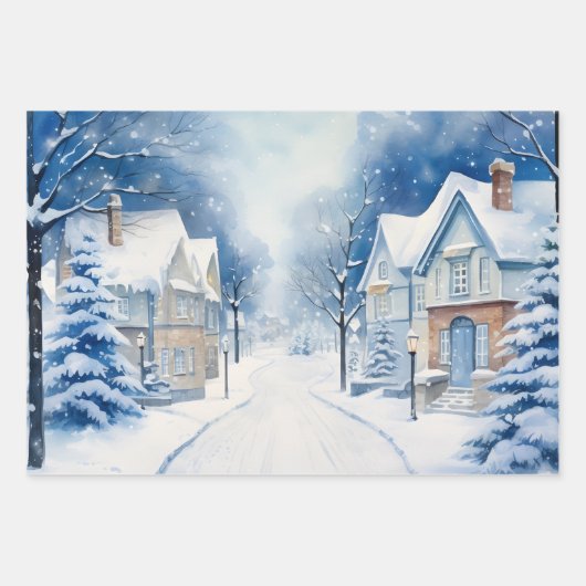 Wintermärchen Schneehäuser Scene Blue und White Geschenkpapier Set (Vorderseite)