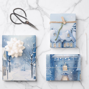 Wintermärchen Schneehäuser Scene Blue und White Geschenkpapier Set