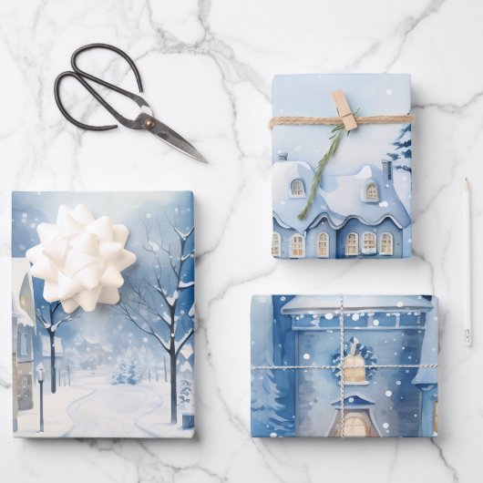 Wintermärchen Schneehäuser Scene Blue und White Geschenkpapier Set (Vorderseite)