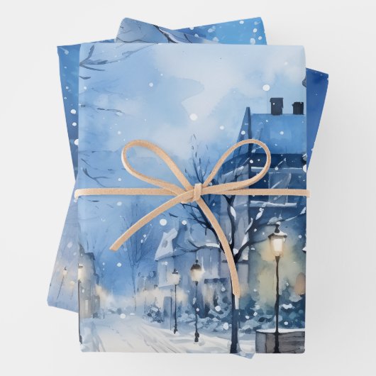 Wintermärchen Schneehäuser Scene Blue und White Geschenkpapier Set (Beispiel)