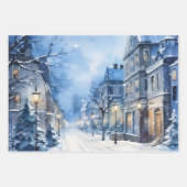 Wintermärchen Schneehäuser Scene Blue und White Geschenkpapier Set (Vorderseite)