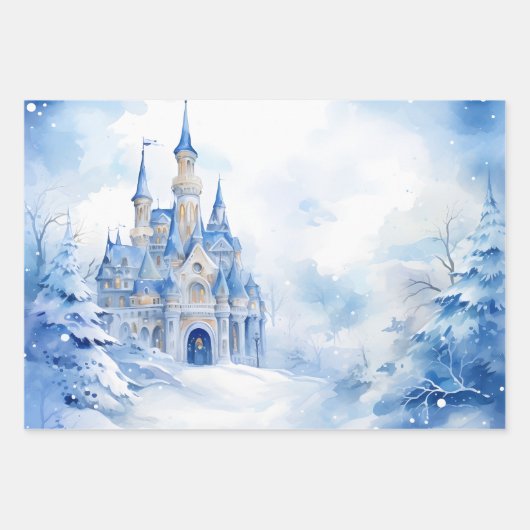 Wintermärchen Schneehäuser Scene Blue und White Geschenkpapier Set (Vorderseite 2)