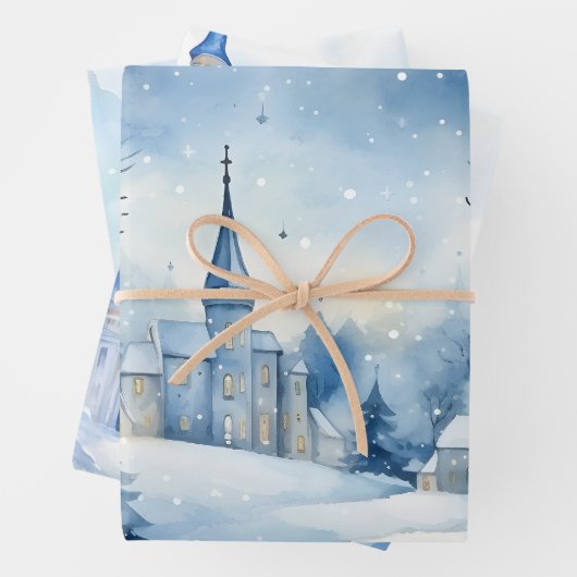 Wintermärchen Schneehäuser Scene Blue und White Geschenkpapier Set (Beispiel)