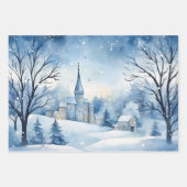 Wintermärchen Schneehäuser Scene Blue und White Geschenkpapier Set (Vorderseite)