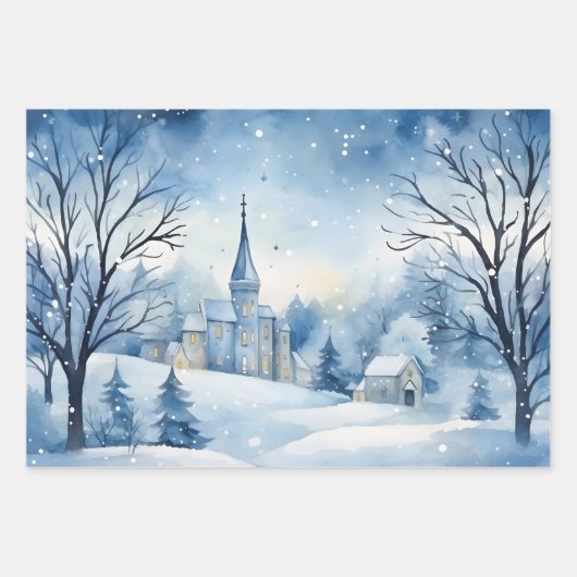 Wintermärchen Schneehäuser Scene Blue und White Geschenkpapier Set (Vorderseite)