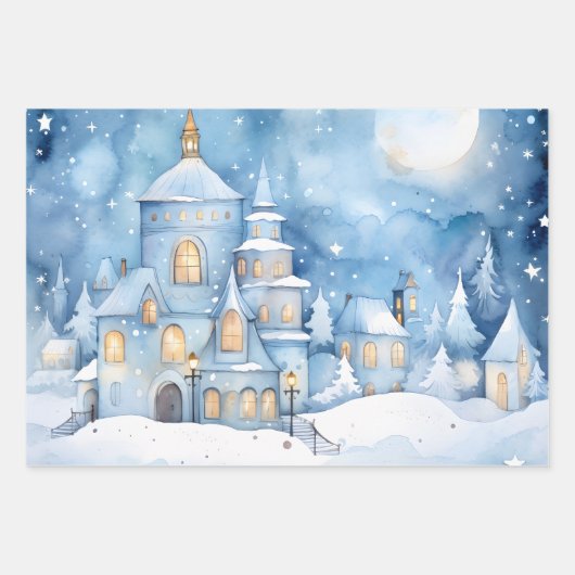 Wintermärchen Schneeschuhschmuck Szene Blau und We Geschenkpapier Set (Vorderseite 3)