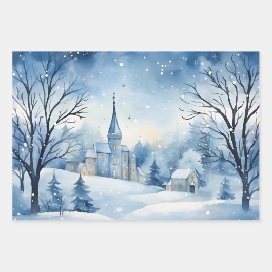 Wintermärchen Schneeschuhschmuck Szene Blau und We Geschenkpapier Set (Vorderseite 2)