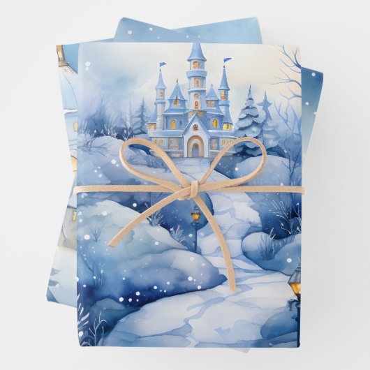 Wintermärchen Schneeschuhschmuck Szene Blau und We Geschenkpapier Set (Beispiel)