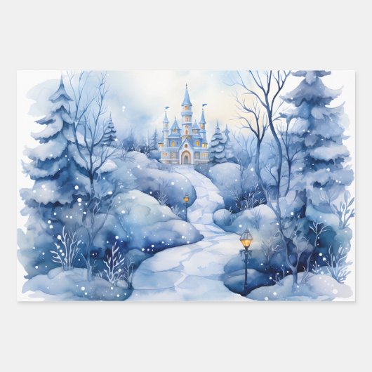 Wintermärchen Schneeschuhschmuck Szene Blau und We Geschenkpapier Set (Vorderseite)