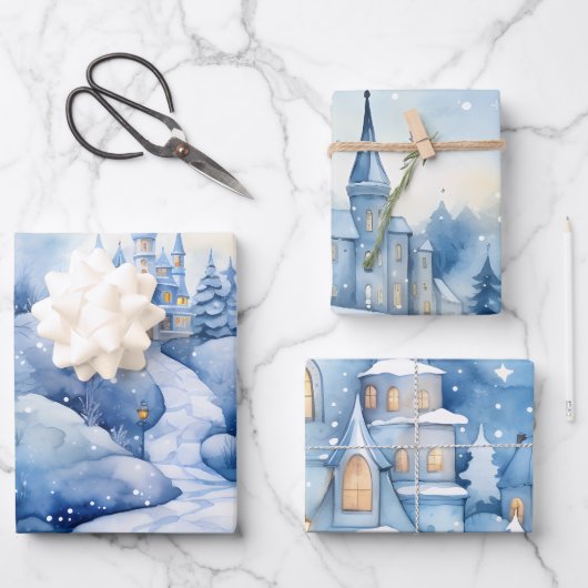 Wintermärchen Schneeschuhschmuck Szene Blau und We Geschenkpapier Set (Vorderseite)