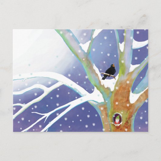 Wintermärchen - Singende Amsel und ein Gnom Postkarte (Vorderseite)