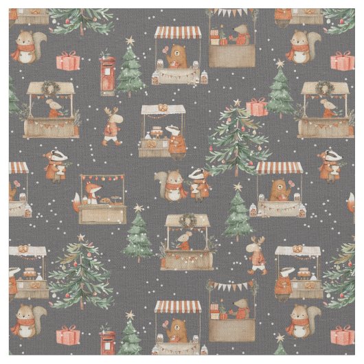 Wintermarkt-Straßenfest mit tierischen Freunden  Stoff (Nahaufnahme)