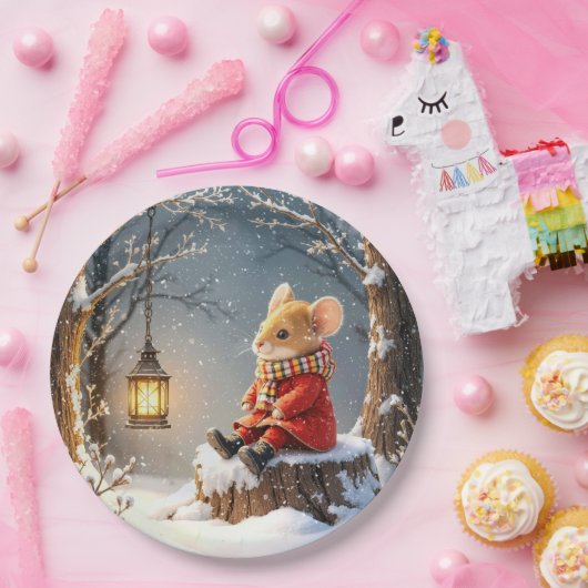 Wintermäuse und WaldLaterne in Schneeflocken Pappteller (Party)