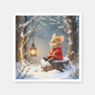 Wintermäuse und WaldLaterne in Schneeflocken Serviette