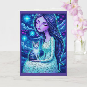 Wintermond-Jungfrau-Silberkatze Fantasy Art Karte
