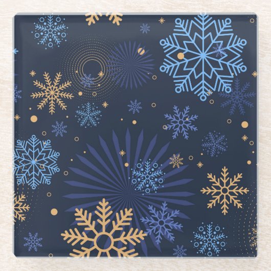 Winternacht: Blaues Schneeflockenmuster. Glasuntersetzer (Vorderseite)