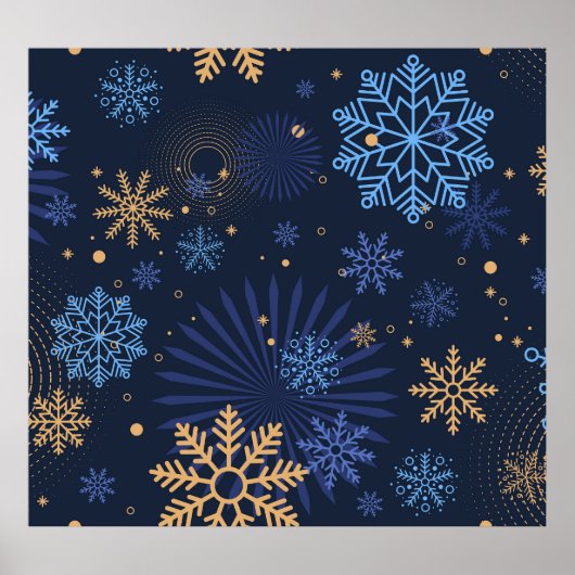 Winternacht: Blaues Schneeflockenmuster. Poster (Vorne)