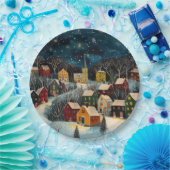 Winternacht Folk Art Ölgemälde Papierplatte Pappteller (Party)