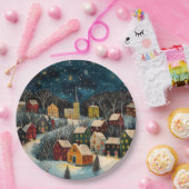 Winternacht Folk Art Ölgemälde Papierplatte Pappteller (Party)