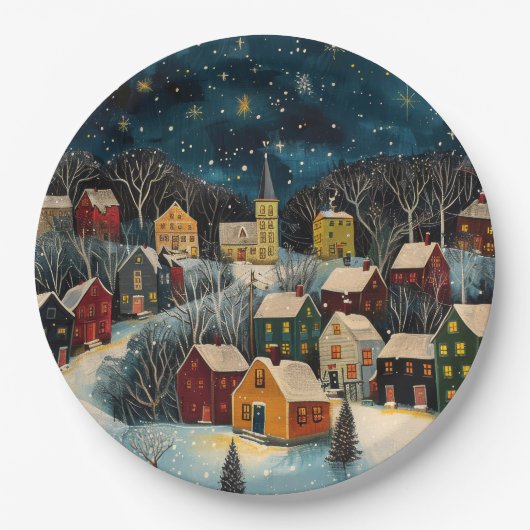 Winternacht Folk Art Ölgemälde Papierplatte Pappteller (Vorderseite)