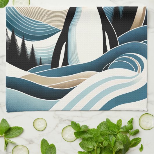 Winternacht im Blaue Creme-Pinguinwald Geschirrtuch (Gefaltet)