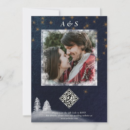 Winternacht & Pine Tree Moderne Hochzeit im Wasser Einladung (Rückseite)