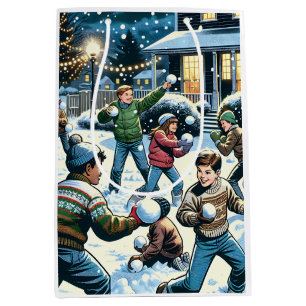 Winternacht Snowball Kämpfen Weihnachten Mittlere Geschenktüte