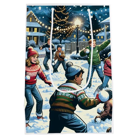 Winternacht Snowball Kämpfen Weihnachten Mittlere Geschenktüte (Rückseite)