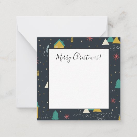 Winternachts-Schneeflocken fallen auf kleinen Häus Mitteilungskarte (Vorderseite)