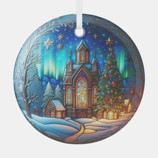 Winternachtskirche Buntglas Ornament (Vorderseite)