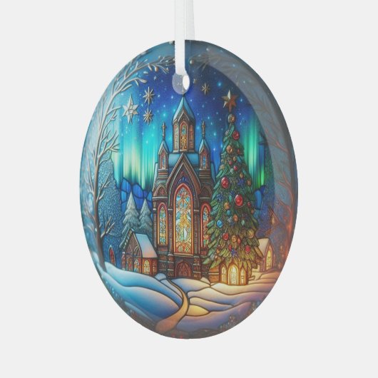 Winternachtskirche Buntglas Ornament (Vorderseite links)