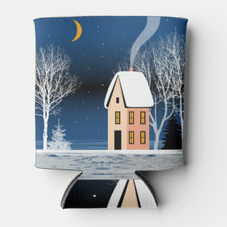 Winternachtslandschaft, gemütliches Haus, Mond. Dosenkühler
