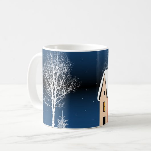Winternachtslandschaft, gemütliches Haus, Mond. Kaffeetasse (Vorderseite Links)