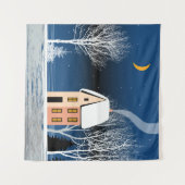 Winternachtslandschaft, gemütliches Haus, Mond. Wandteppich (Vorderseite (Horizontal))