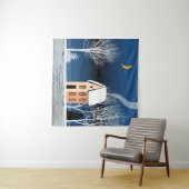 Winternachtslandschaft, gemütliches Haus, Mond. Wandteppich (Beispiel (Horizontal))