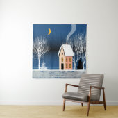 Winternachtslandschaft, gemütliches Haus, Mond. Wandteppich (Beispiel)