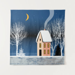 Winternachtslandschaft, gemütliches Haus, Mond. Wandteppich