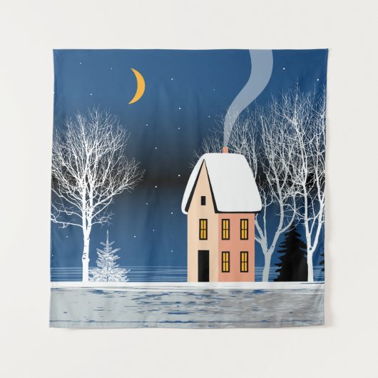 Winternachtslandschaft, gemütliches Haus, Mond. Wandteppich (Vorderseite)