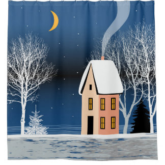 Winternachtslandschaft. Gemütliches Haus, verschie Duschvorhang