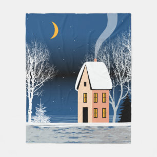Winternachtslandschaft. Gemütliches Haus, verschie Fleecedecke