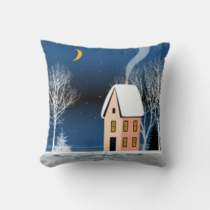 Winternachtslandschaft. Gemütliches Haus, verschie Kissen