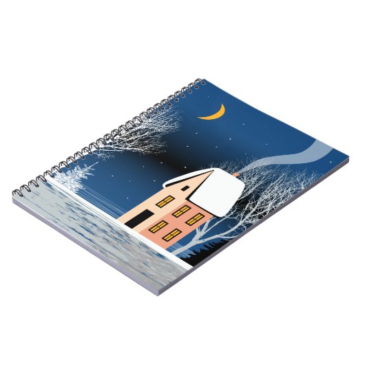 Winternachtslandschaft. Gemütliches Haus, verschie Notizblock (Linke Seite)