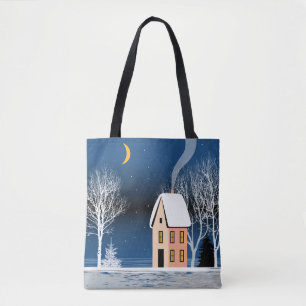 Winternachtslandschaft. Gemütliches Haus, verschie Tasche