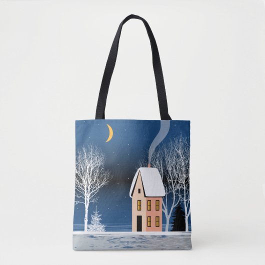 Winternachtslandschaft. Gemütliches Haus, verschie Tasche (Vorderseite)