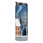 Winternachtslandschaft. Gemütliches Haus, verschie Thermosbecher (Nach rechts gedreht)
