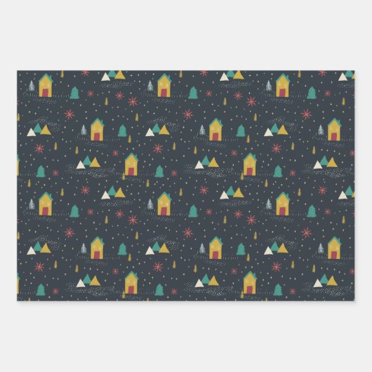 Winternachtsschneeflocken landen auf kleinen Häuse Geschenkpapier Set (Vorderseite)