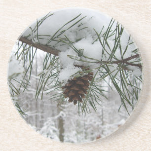 Winternaturfotografie von Snowy Pine Branch Sandstein Untersetzer