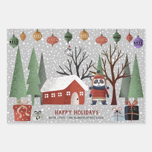 Winterpanda, frohe Weihnachten und Schneeflocken Geschenkpapier Set (Vorderseite)