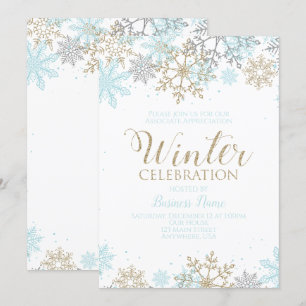 Winterparty Blau Goldene Schneeflocken Einladung