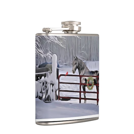 Winterpferd im Schneeurlaub Flachmann (Rechts)